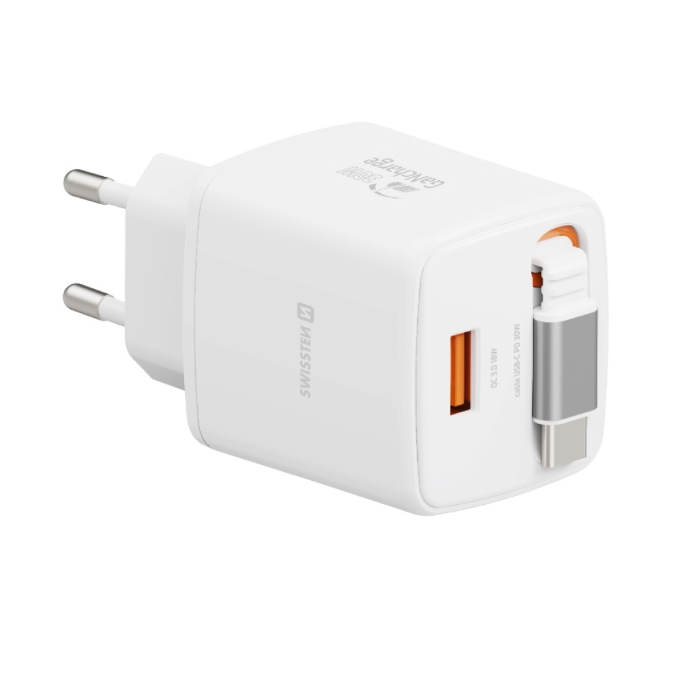 SWISSTEN hálózati adapter SlideCHARGE GaN 30W, 1x USB-A 18W visszahúzható USB-C kábellel 0,75m - fehér