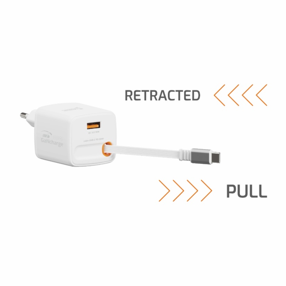 SWISSTEN hálózati adapter SlideCHARGE GaN 30W, 1x USB-A 18W visszahúzható USB-C kábellel 0,75m - fehér