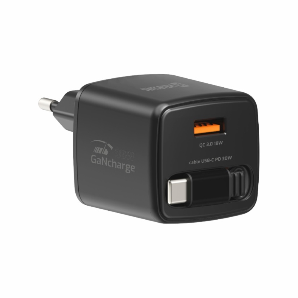 SWISSTEN hálózati adapter SlideCHARGE GaN 30W, 1x USB-A 18W visszahúzható USB-C kábellel 0.75m - fekete
