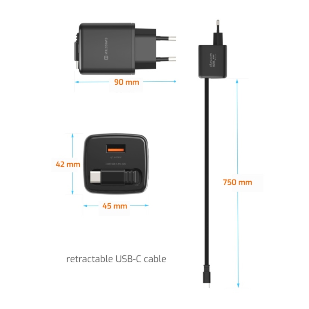 SWISSTEN hálózati adapter SlideCHARGE GaN 30W, 1x USB-A 18W visszahúzható USB-C kábellel 0.75m - fekete