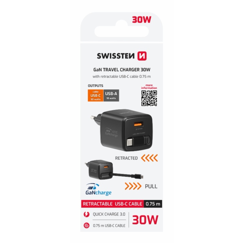 SWISSTEN hálózati adapter SlideCHARGE GaN 30W, 1x USB-A 18W visszahúzható USB-C kábellel 0.75m - fekete