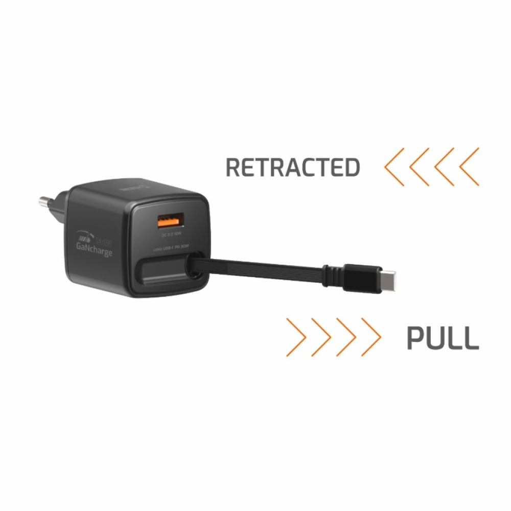 SWISSTEN hálózati adapter SlideCHARGE GaN 30W, 1x USB-A 18W visszahúzható USB-C kábellel 0.75m - fekete