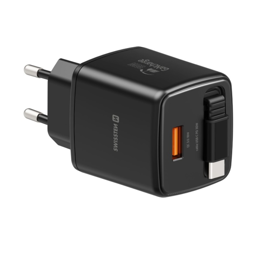 SWISSTEN hálózati adapter SlideCHARGE GaN 30W, 1x USB-A 18W visszahúzható USB-C kábellel 0.75m - fekete