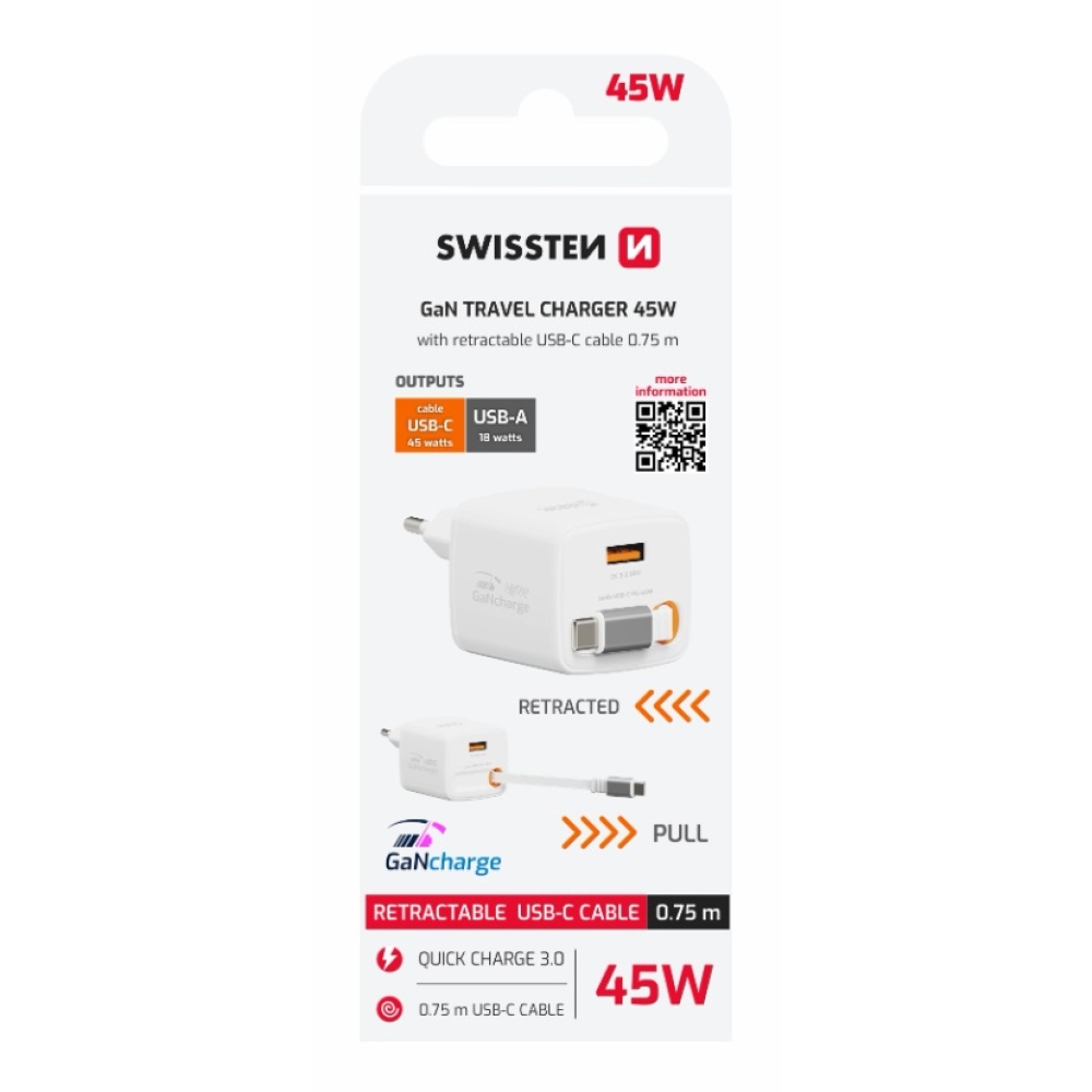 SWISSTEN hálózati adapter SlideCHARGE GaN 45W, 1x USB-A 18W visszahúzható USB-C kábellel 0,75m - fehér