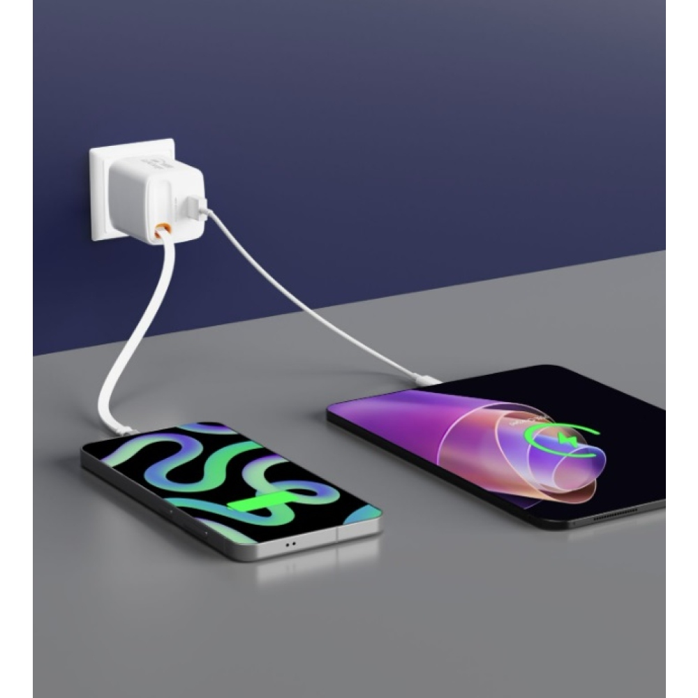 SWISSTEN hálózati adapter SlideCHARGE GaN 45W, 1x USB-A 18W visszahúzható USB-C kábellel 0,75m - fehér