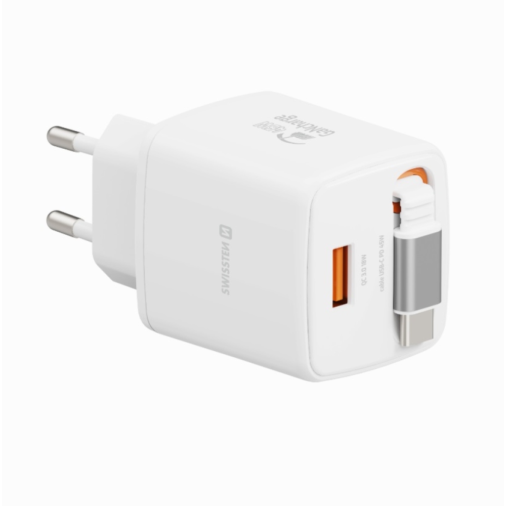SWISSTEN hálózati adapter SlideCHARGE GaN 45W, 1x USB-A 18W visszahúzható USB-C kábellel 0,75m - fehér