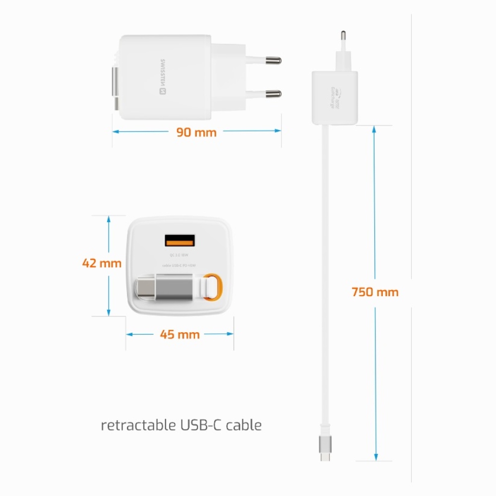 SWISSTEN hálózati adapter SlideCHARGE GaN 45W, 1x USB-A 18W visszahúzható USB-C kábellel 0,75m - fehér