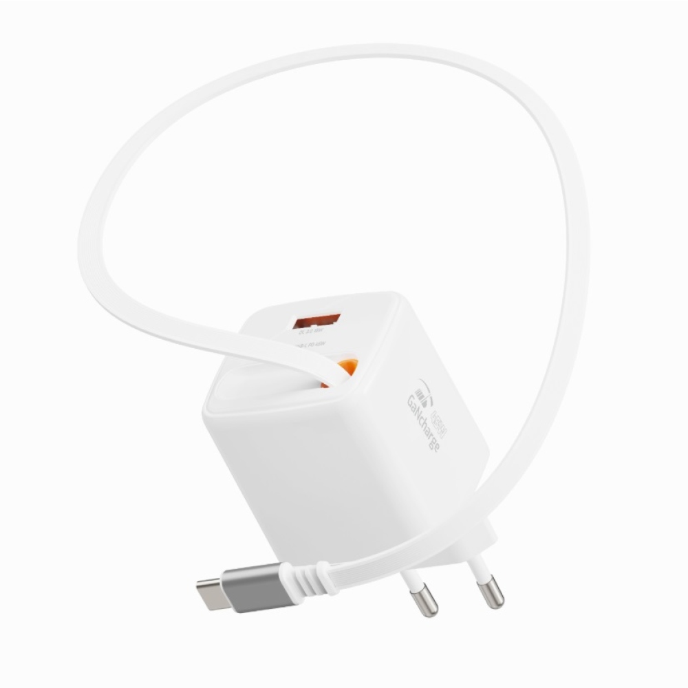 SWISSTEN hálózati adapter SlideCHARGE GaN 45W, 1x USB-A 18W visszahúzható USB-C kábellel 0,75m - fehér