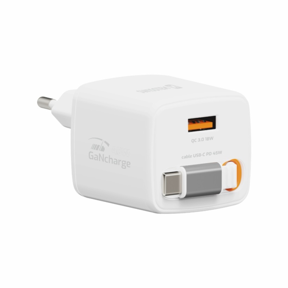 SWISSTEN hálózati adapter SlideCHARGE GaN 45W, 1x USB-A 18W visszahúzható USB-C kábellel 0,75m - fehér