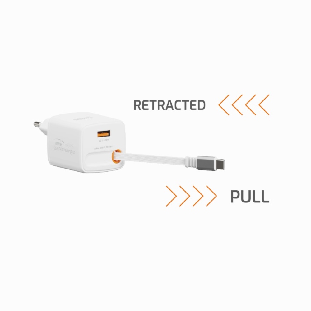 SWISSTEN hálózati adapter SlideCHARGE GaN 45W, 1x USB-A 18W visszahúzható USB-C kábellel 0,75m - fehér