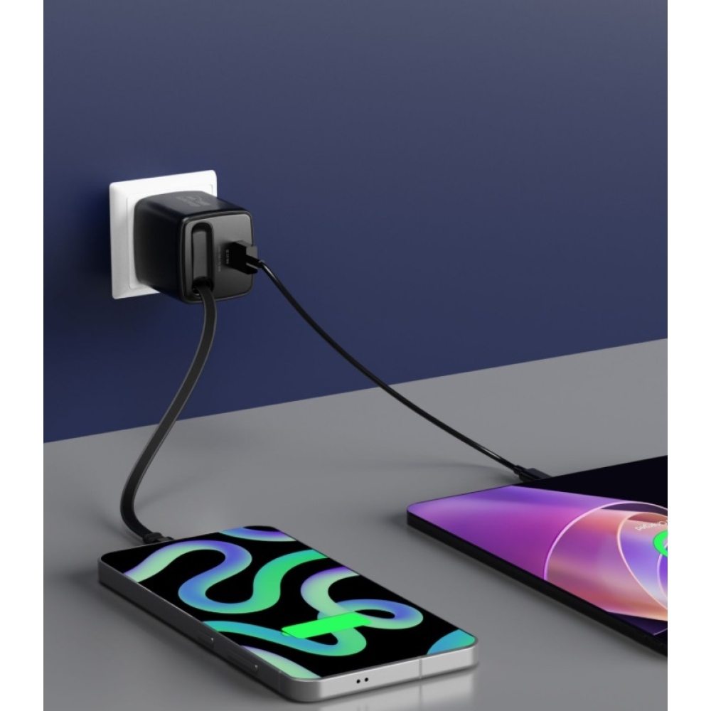 SWISSTEN hálózati adapter SlideCHARGE GaN 45W, 1x USB-A 18W visszahúzható USB-C kábellel 0,75m - fekete