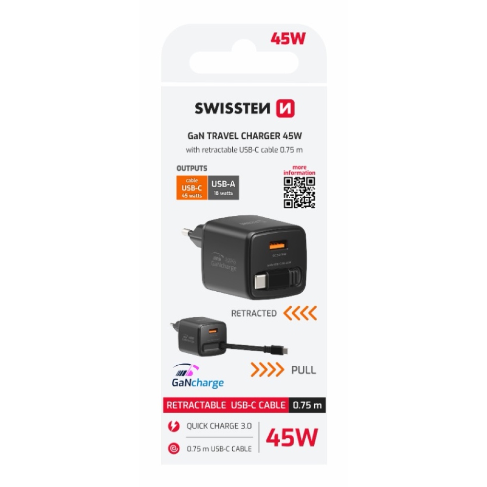 SWISSTEN hálózati adapter SlideCHARGE GaN 45W, 1x USB-A 18W visszahúzható USB-C kábellel 0,75m - fekete