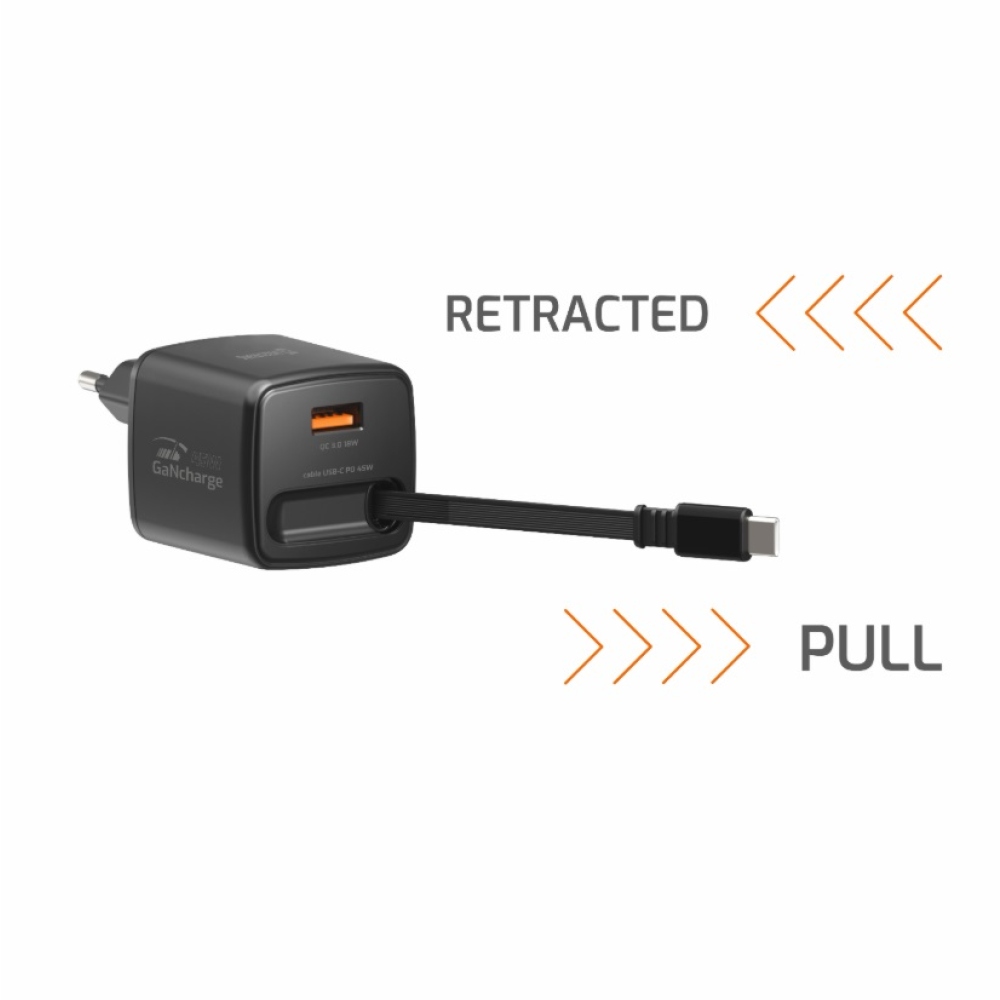 SWISSTEN hálózati adapter SlideCHARGE GaN 45W, 1x USB-A 18W visszahúzható USB-C kábellel 0,75m - fekete