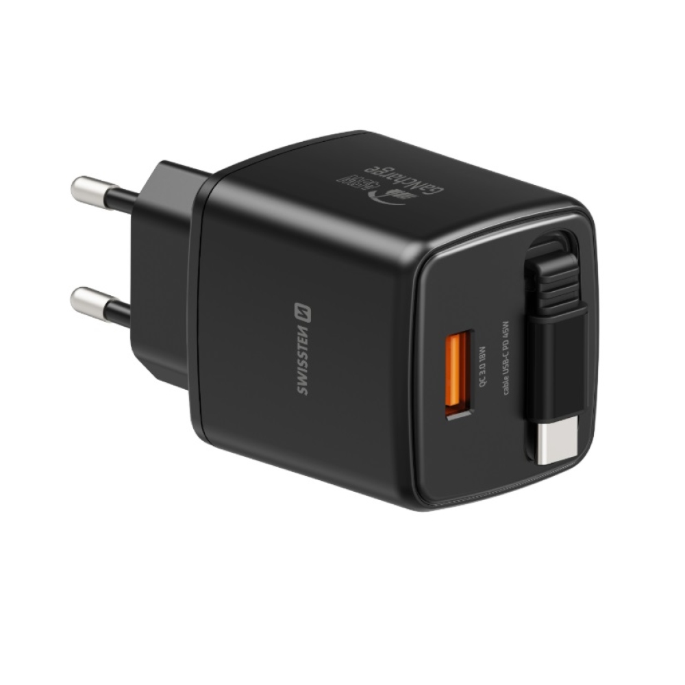 SWISSTEN hálózati adapter SlideCHARGE GaN 45W, 1x USB-A 18W visszahúzható USB-C kábellel 0,75m - fekete