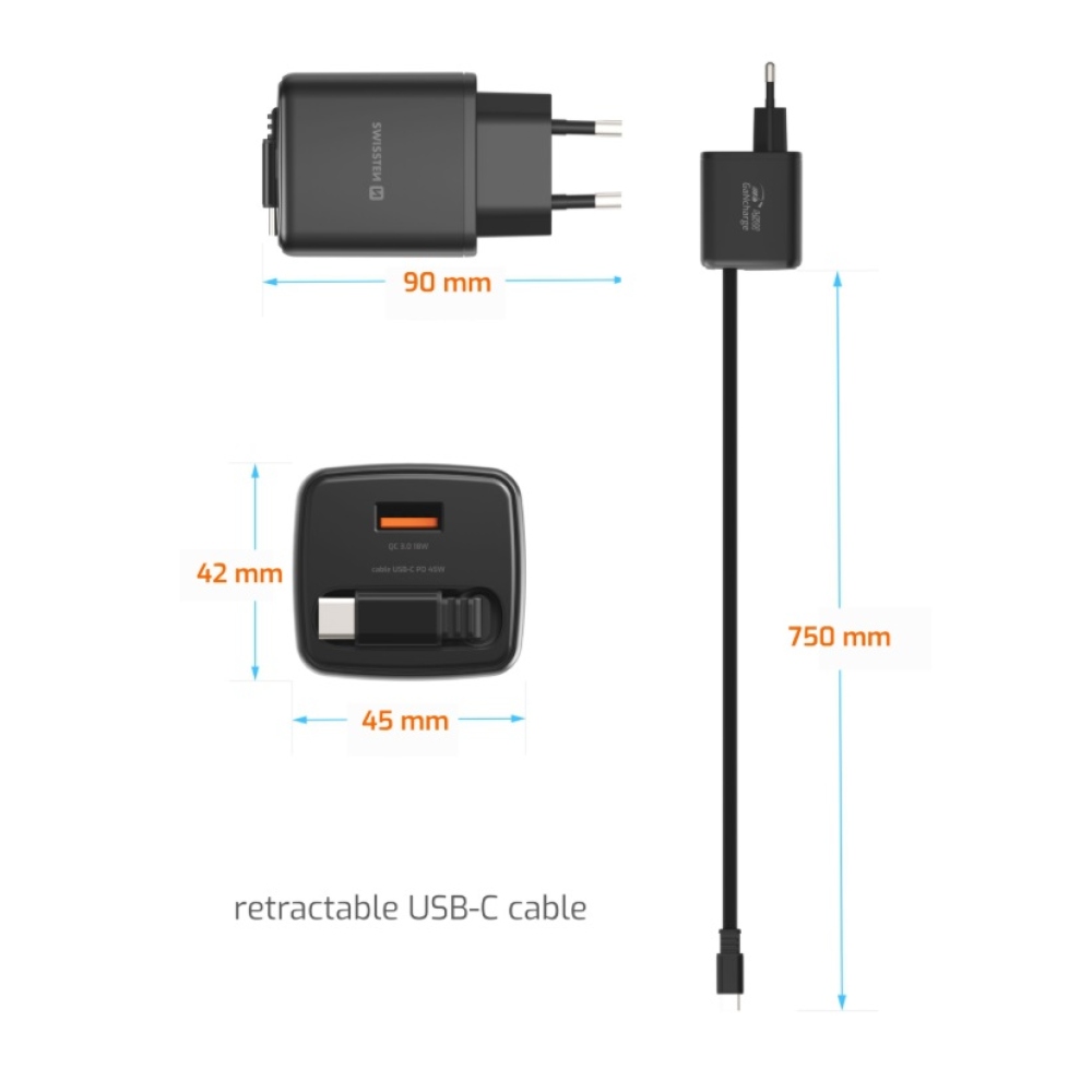 SWISSTEN hálózati adapter SlideCHARGE GaN 45W, 1x USB-A 18W visszahúzható USB-C kábellel 0,75m - fekete
