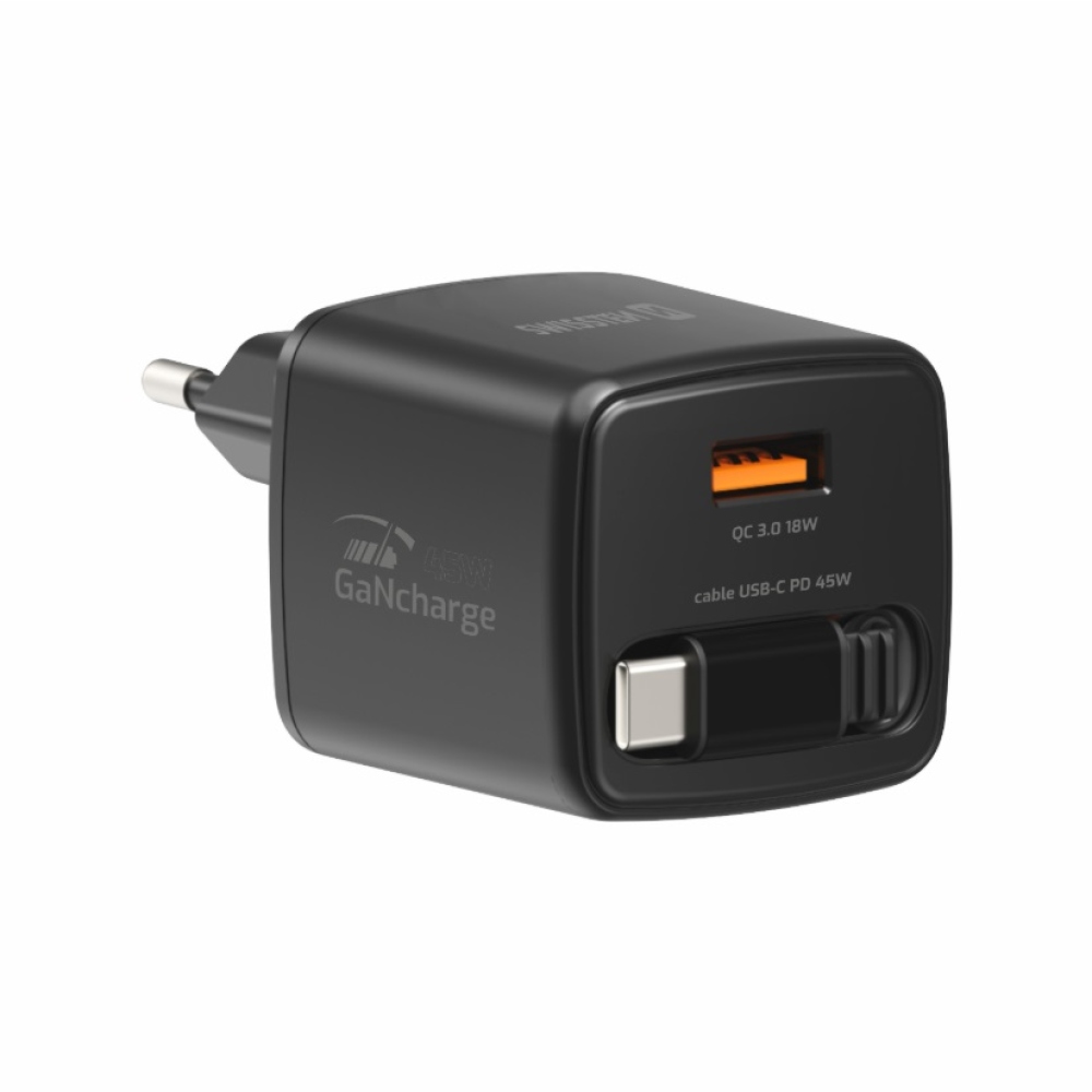 SWISSTEN hálózati adapter SlideCHARGE GaN 45W, 1x USB-A 18W visszahúzható USB-C kábellel 0,75m - fekete