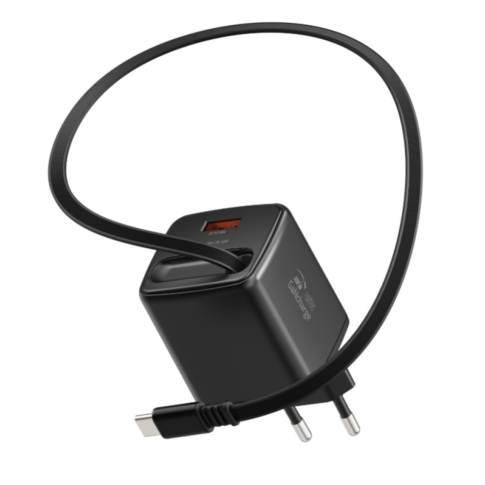 SWISSTEN hálózati adapter SlideCHARGE GaN 45W, 1x USB-A 18W visszahúzható USB-C kábellel 0,75m - fekete