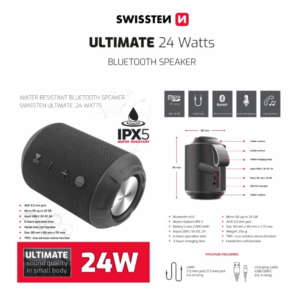 SWISSTEN Ultimate Bluetooth hangszóró 24W - Fekete