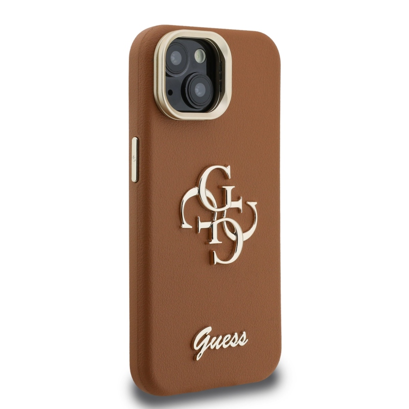 Guess PU szemcsés 4G Logo Stand Kamera keret hátlapi borító iPhone 15-hez Barna barna