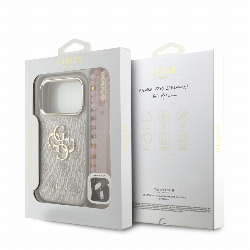 Guess PU 4G fém logós pántos hátlap az iPhone 18 Pro-hoz, rózsaszín