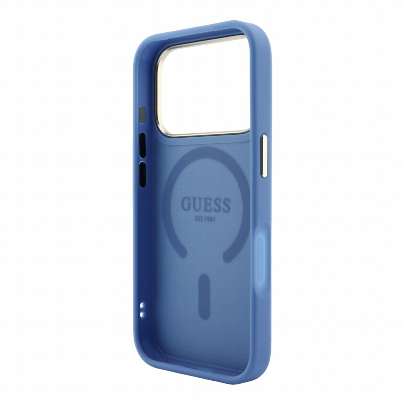 Guess PU bőr 4G aranykeretes, dombornyomott MagSafe hátsó tok iPhone 18 Pro-hoz, kék