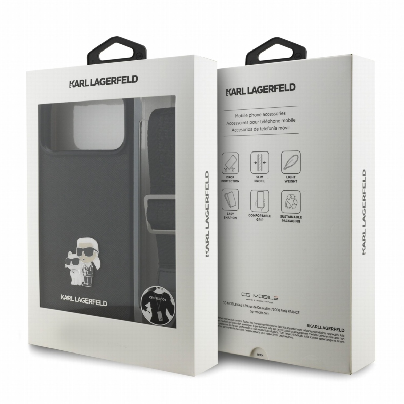 Karl Lagerfeld Saffiano kereszt vállpántos, fém Karl és Choupette hátsó tok iPhone 18 Pro-hoz, fekete
