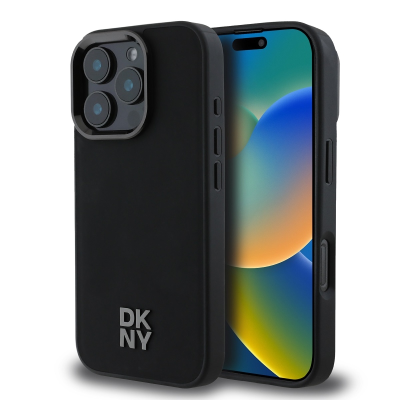 DKNY PU bőr Stack Logo Magsafe hátlap iPhone 16 Pro Max-hoz Fekete