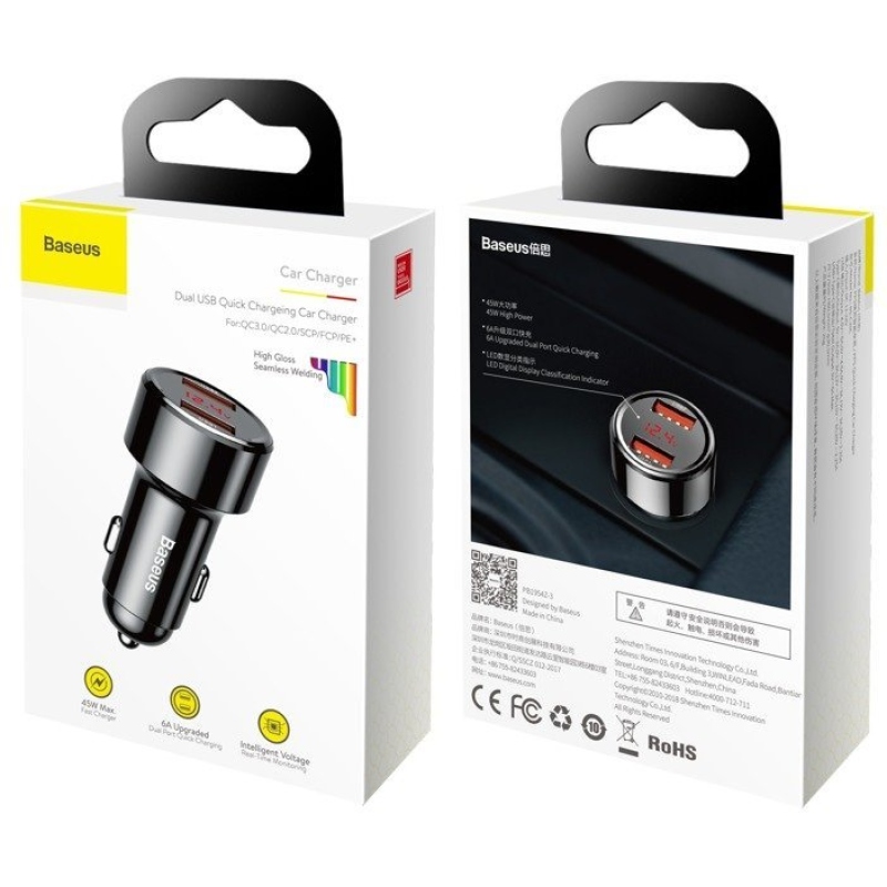 Baseus Magic sorozatú autós töltő USB-A/USB-A 45W Fekete