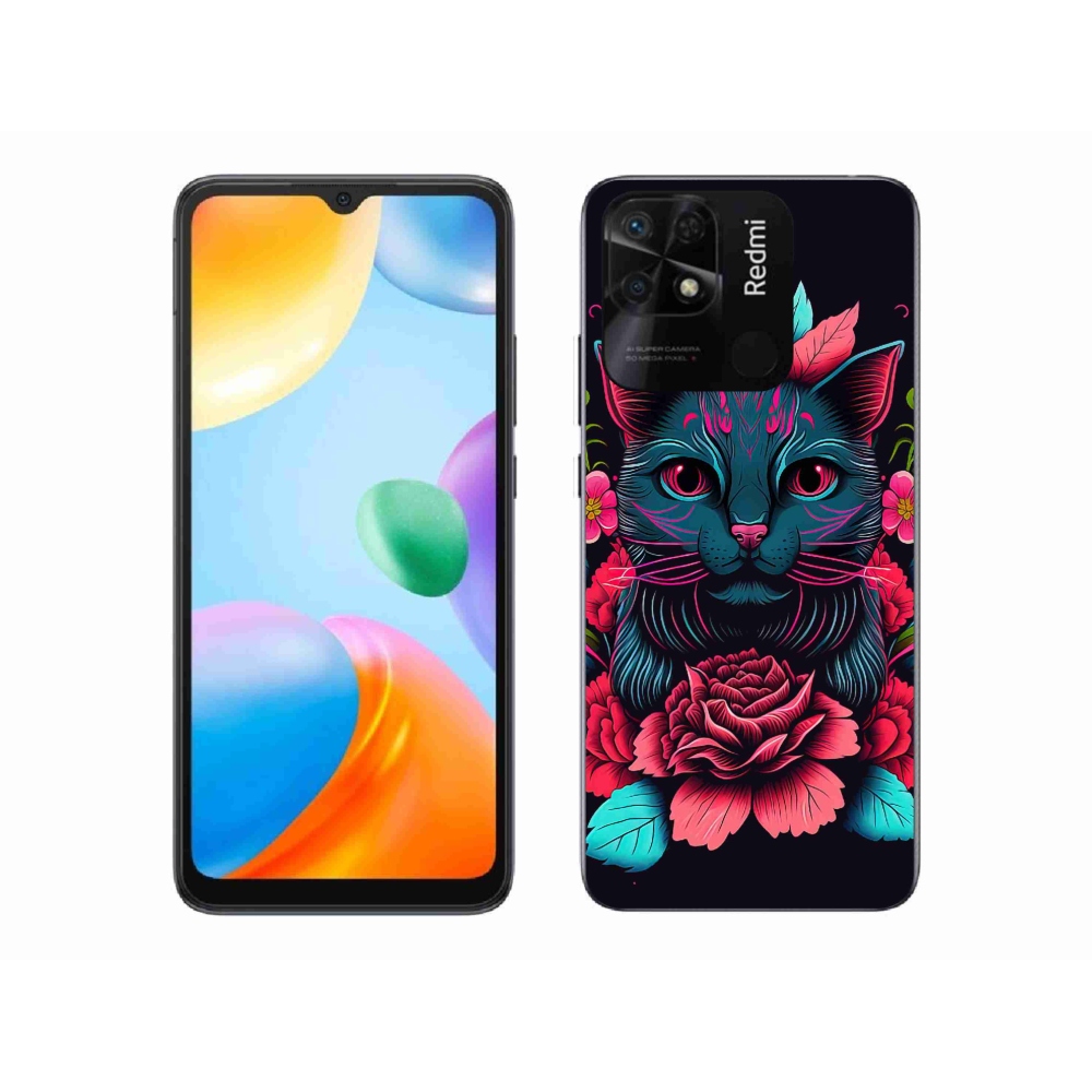 Gél borító mmCase a Xiaomi Redmi 10C-hez - virágok és macska