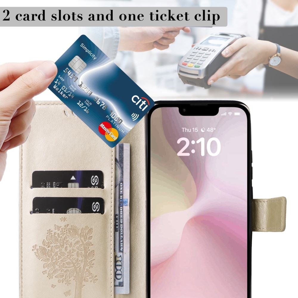 Fák könyvtáska iPhone 16e készülékhez - arany színben