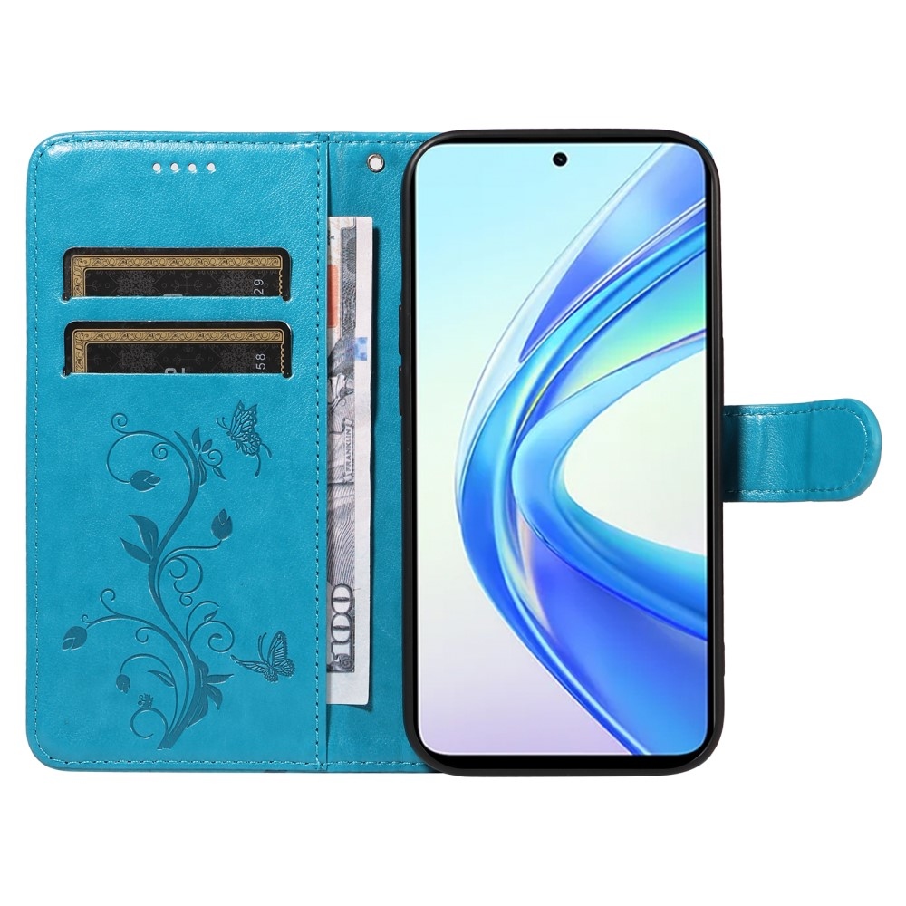 Virágok könyvtáska a Honor X7b/Honor 90 Smart készülékhez - kék