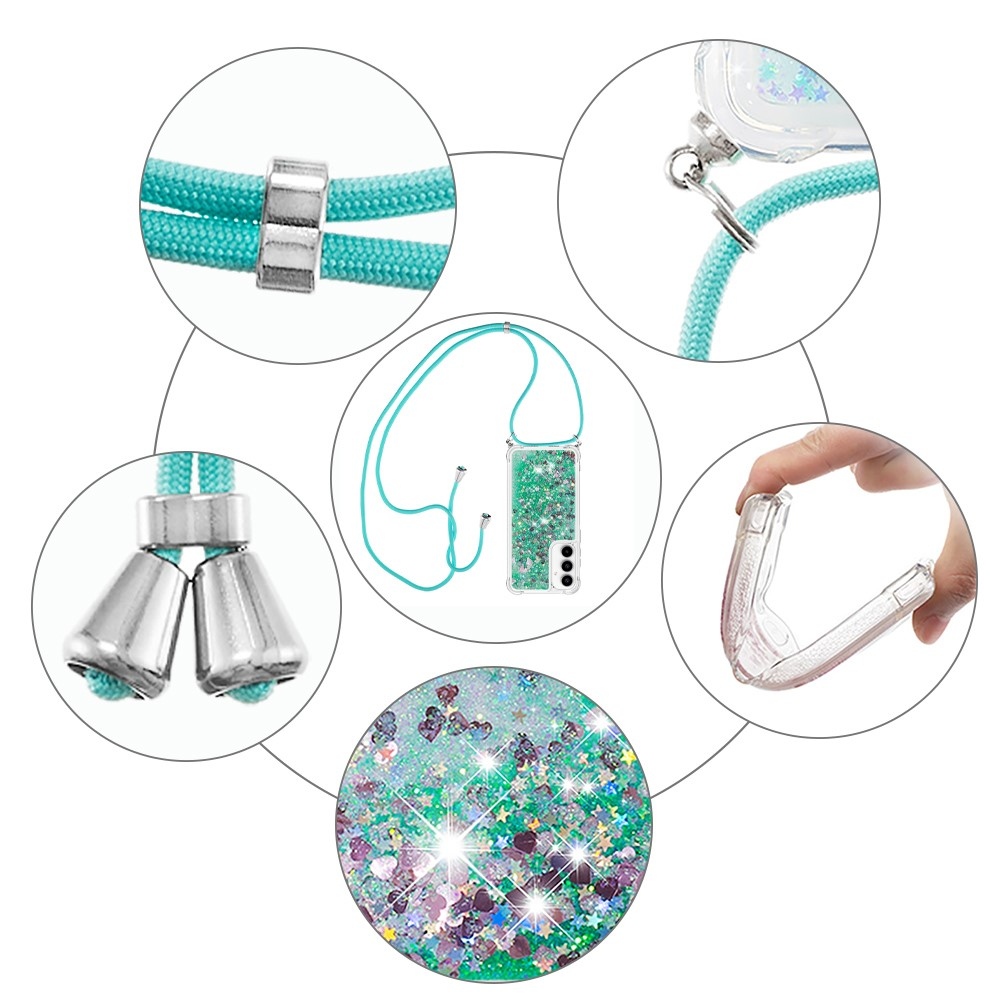 Csillogó homokóra zselés tok húzózsinórral Samsung Galaxy A36 5G - zöld/szív