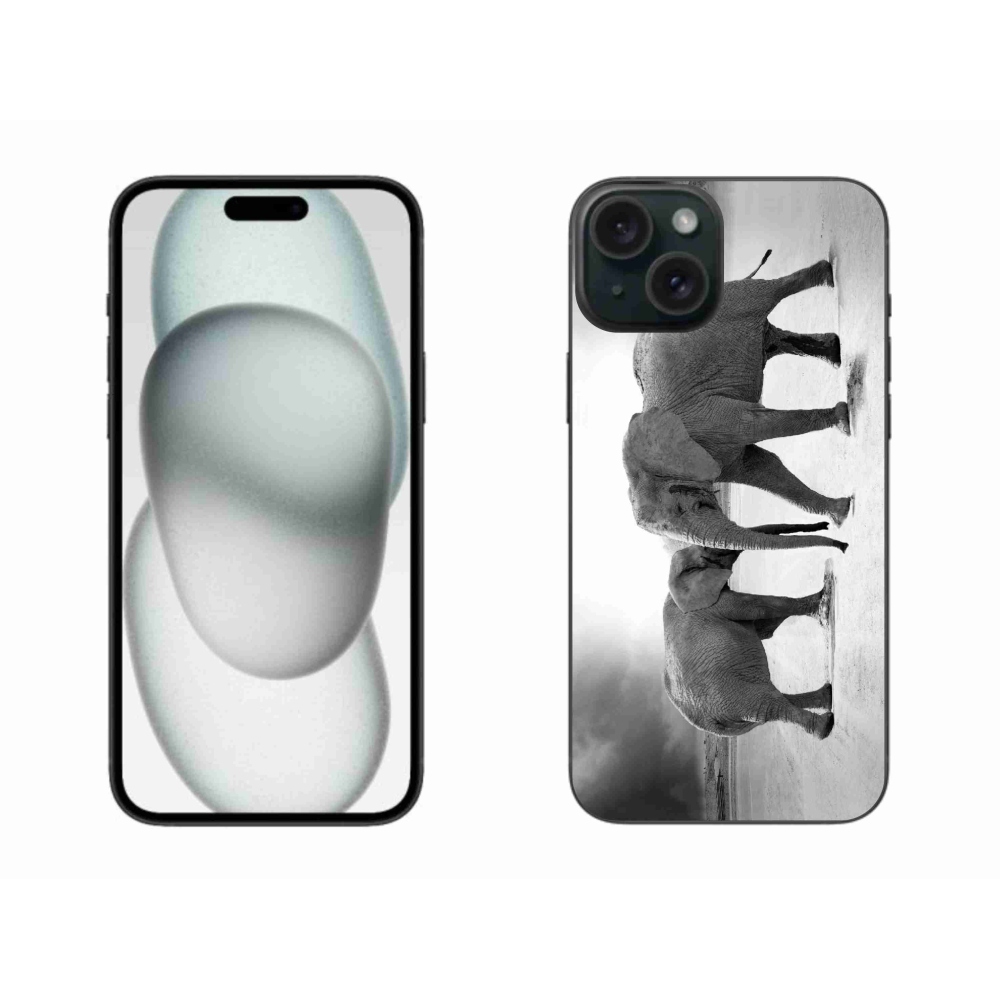 Zselés borítás mmCase iPhone 15 Plus készülékhez - fekete és fehér elefántok