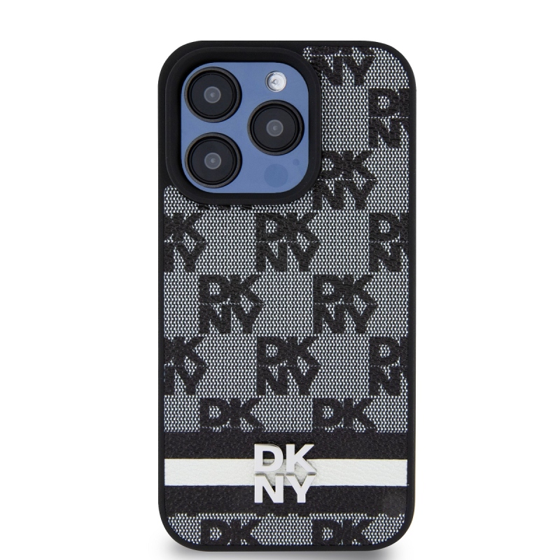DKNY PU bőrből készült kockás mintás és csíkos hátlapi borító iPhone 14 Pro Max-hoz Fekete