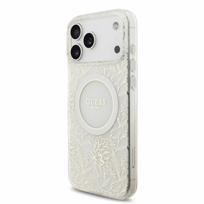 Guess IML Flowers Allover Strap MagSafe hátsó tok iPhone 18 Pro Max-hoz, fehér