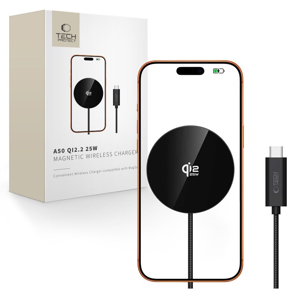 Tech-Protect A50 mágneses MagSafe 25W Qi2.2 vezeték nélküli töltő - Fekete