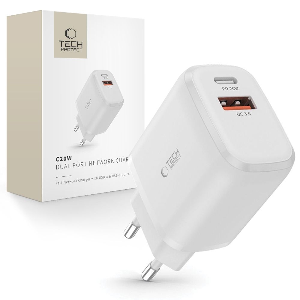 Tech-Protect C20W 2 portos hálózati töltő PD20W/QC3.0 - fehér