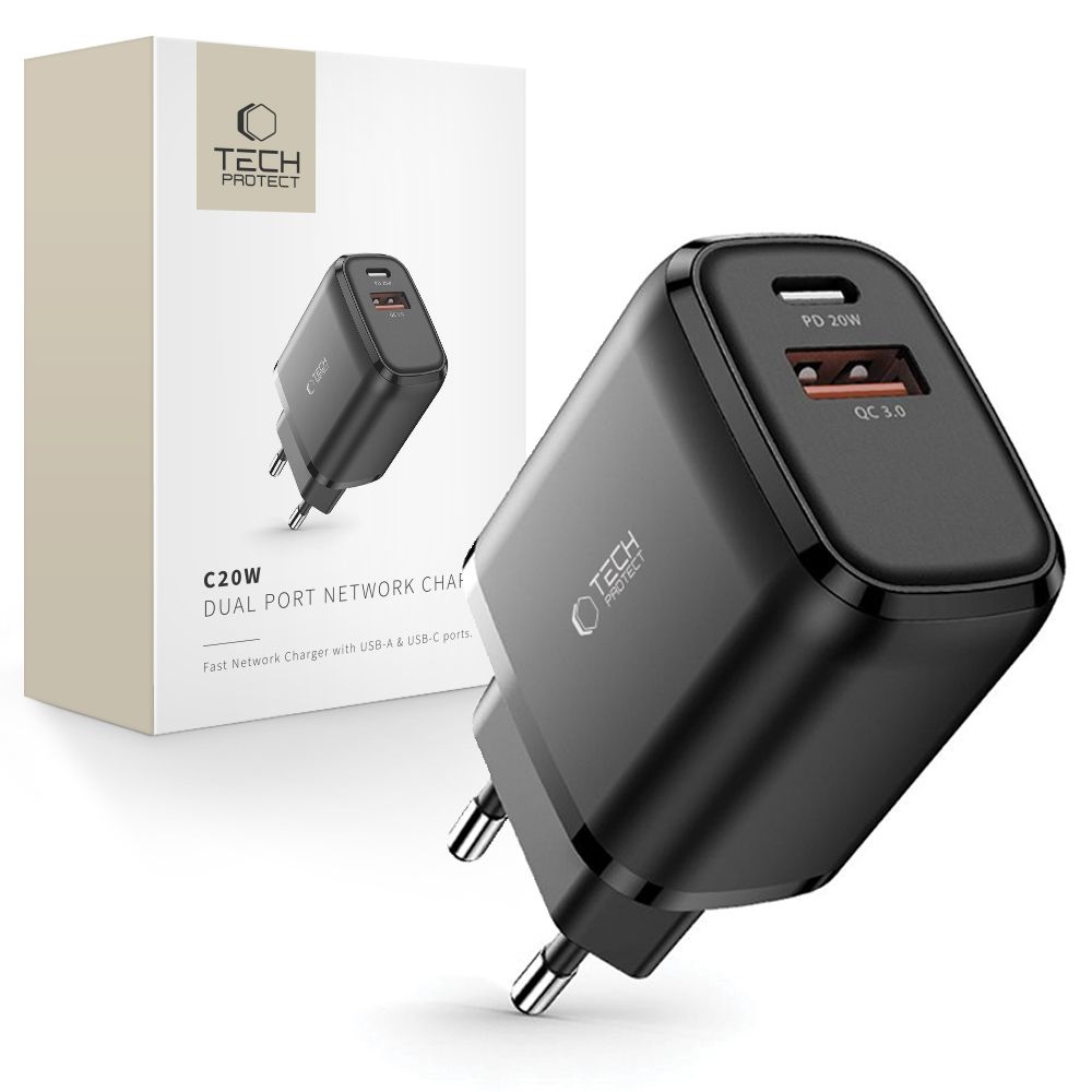 Tech-Protect C20W 2 portos hálózati töltő PD20W/QC3.0 - fekete