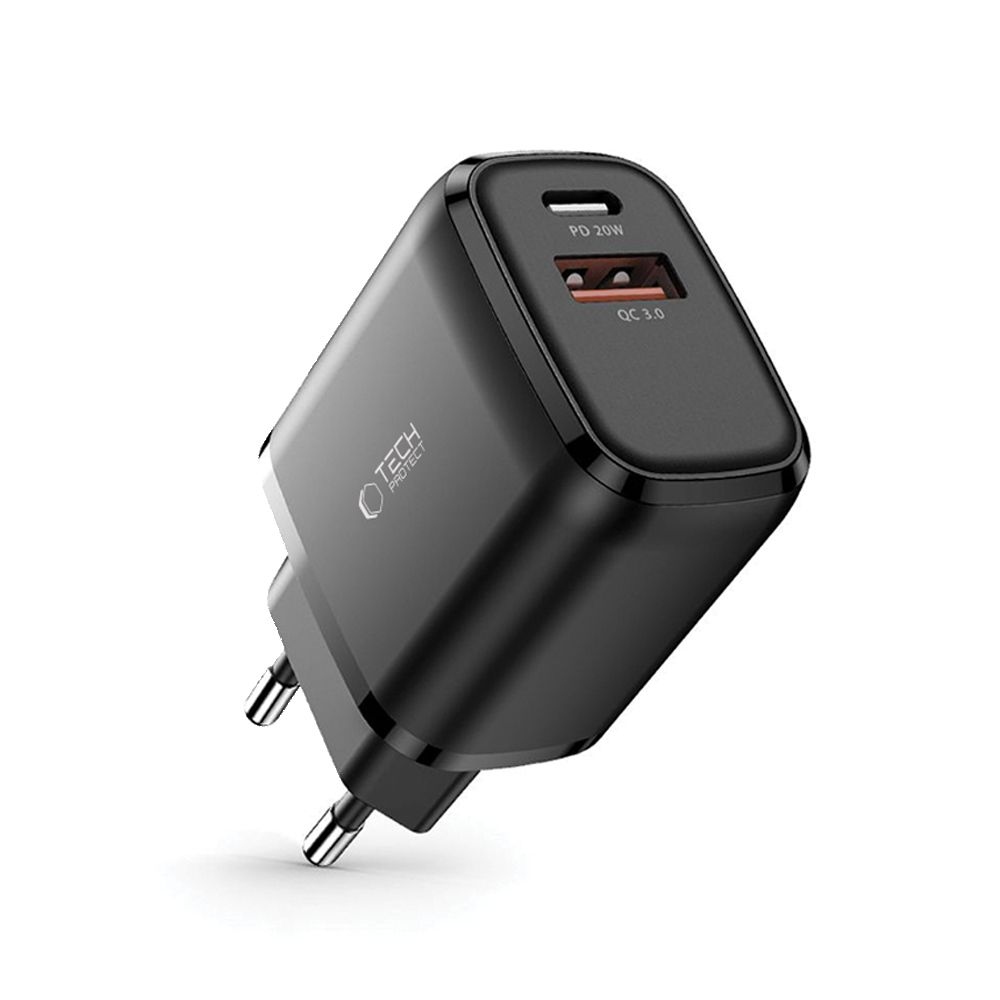 Tech-Protect C20W 2 portos hálózati töltő PD20W/QC3.0 - fekete