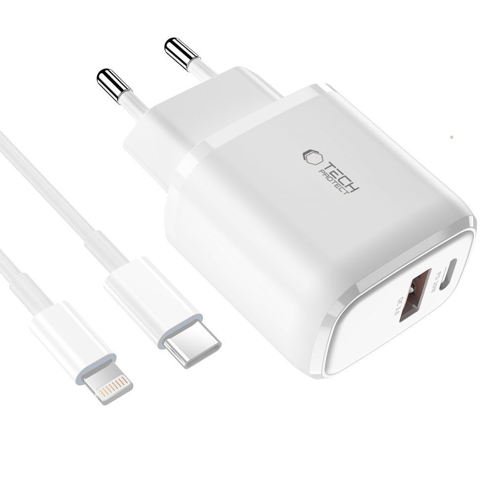 Tech-Protect C20W PD20W/QC3.0 2 portos töltő + USB-C / Lightning kábel - fehér