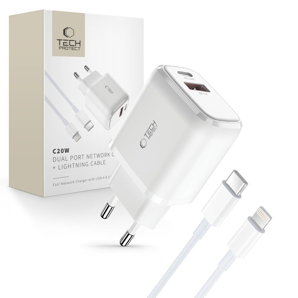 Tech-Protect C20W PD20W/QC3.0 2 portos töltő + USB-C / Lightning kábel - fehér