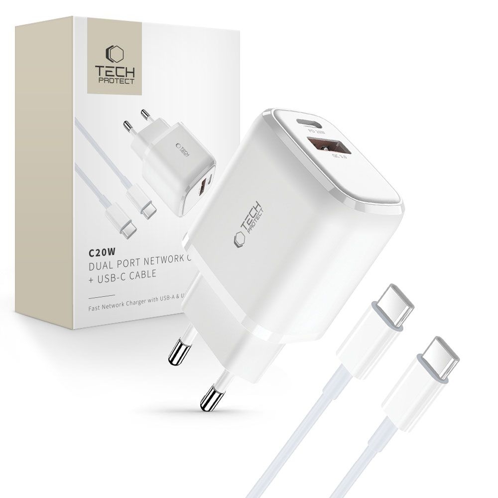 Tech-Protect C20W PD20W/QC3.0 2 portos töltő + USB-C / USB-C kábel - fehér
