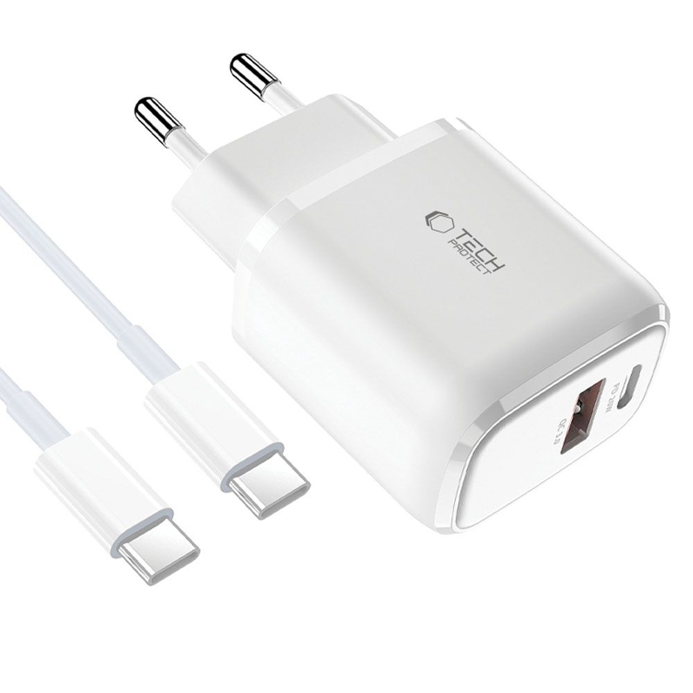 Tech-Protect C20W PD20W/QC3.0 2 portos töltő + USB-C / USB-C kábel - fehér