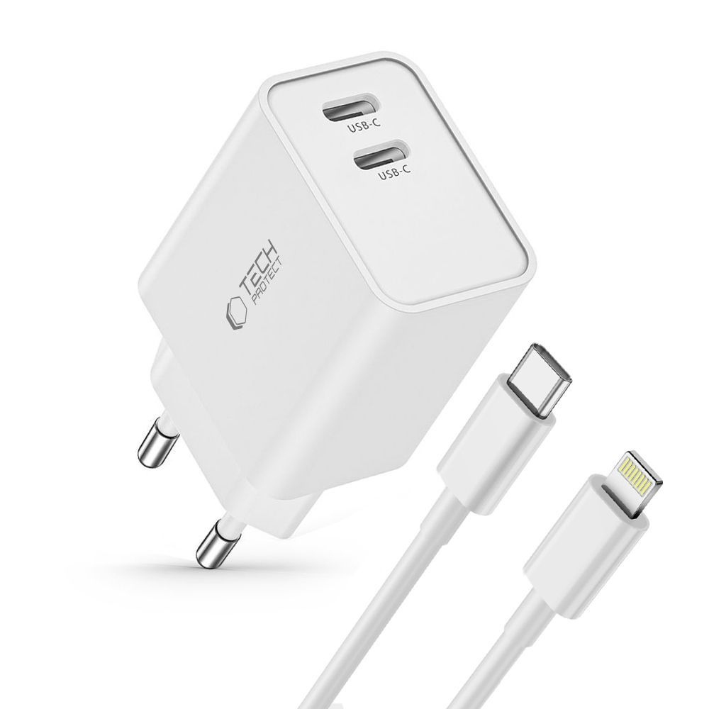 Tech-Protect C35W 2 portos PD35W töltő + villám/USB-C kábel - fehér
