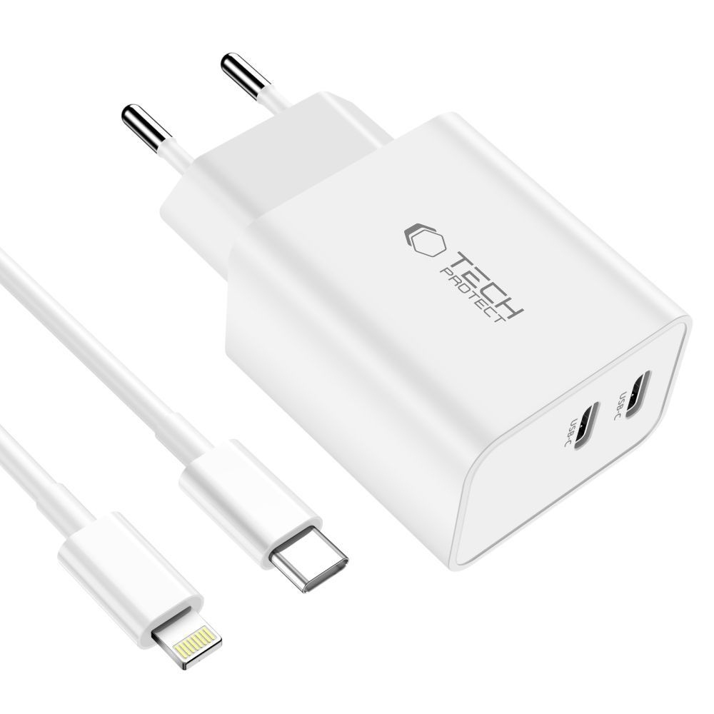 Tech-Protect C35W 2 portos PD35W töltő + villám/USB-C kábel - fehér