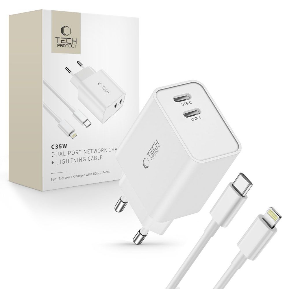 Tech-Protect C35W 2 portos PD35W töltő + villám/USB-C kábel - fehér