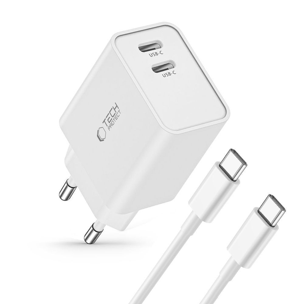 Tech-Protect C35W 2 portos PD35W töltő + USB-C/USB-C kábel - fehér
