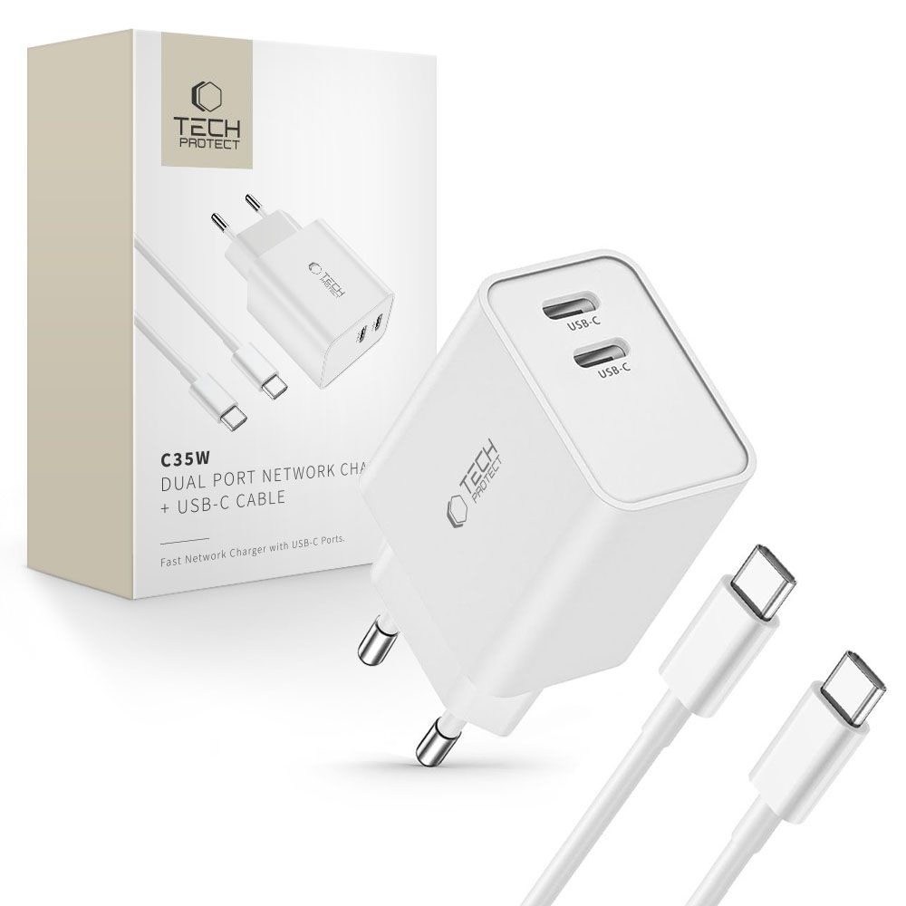 Tech-Protect C35W 2 portos PD35W töltő + USB-C/USB-C kábel - fehér