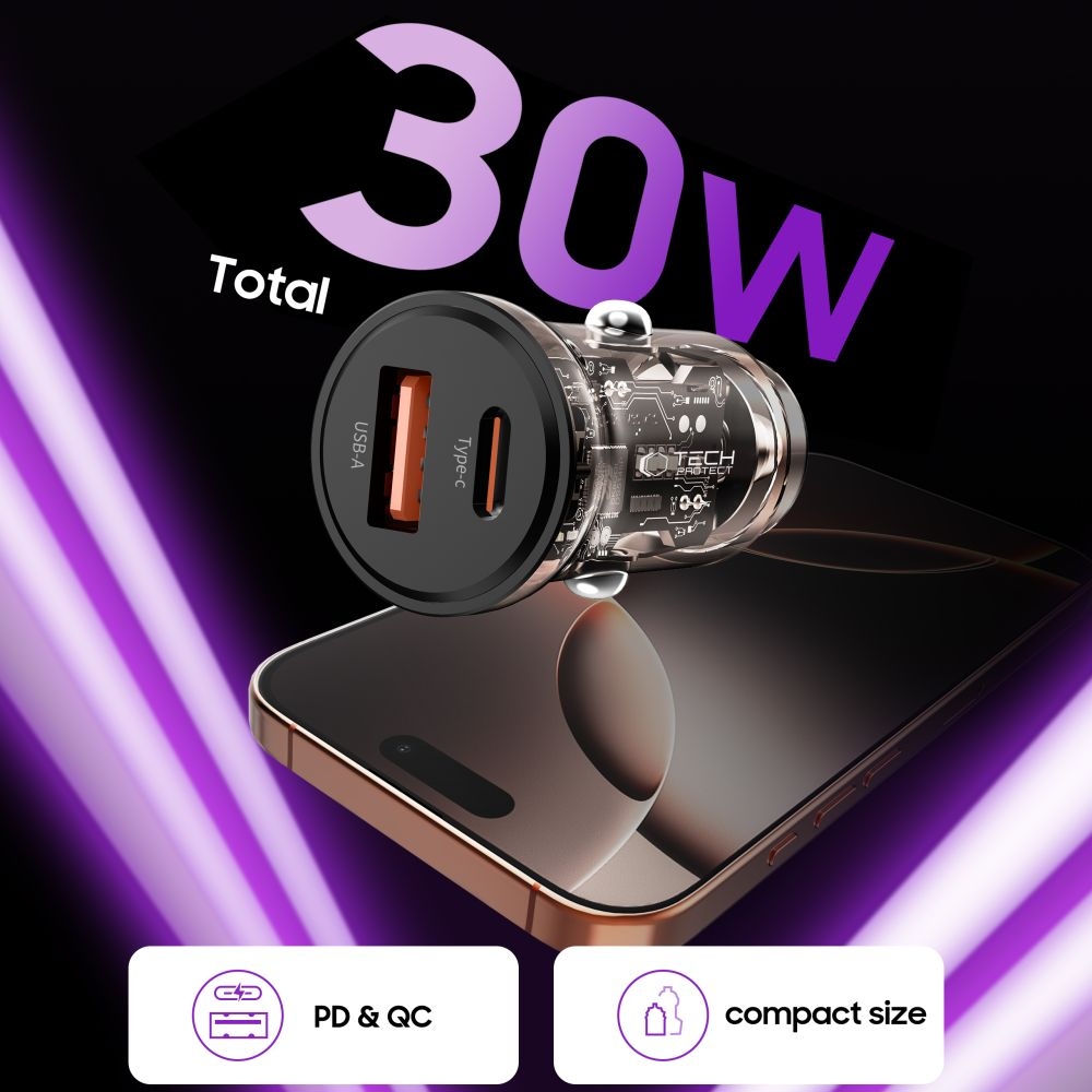 Tech-Protect CC01 PD30W/QC3.0 2 portos autós töltő - fekete