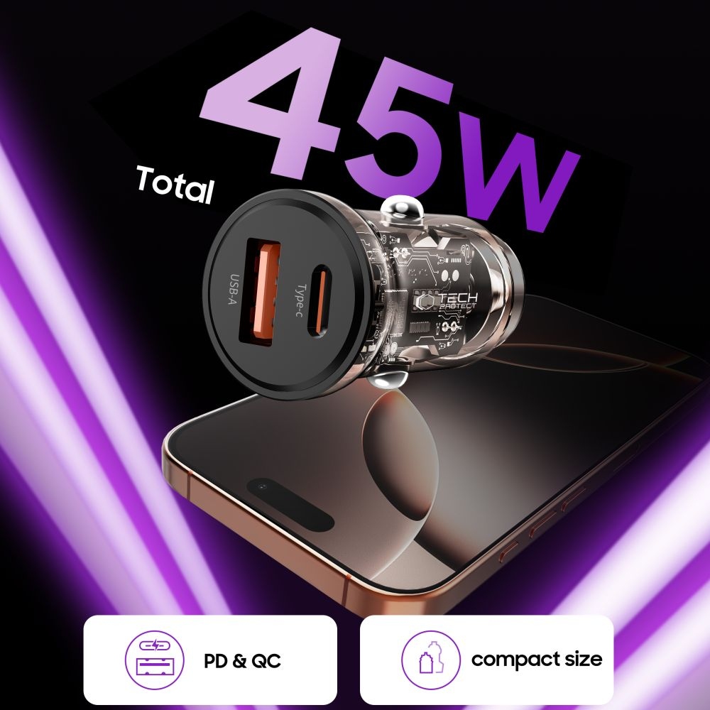 Tech-Protect CC01 PD45W/QC3.0 2 portos autós töltő - fekete